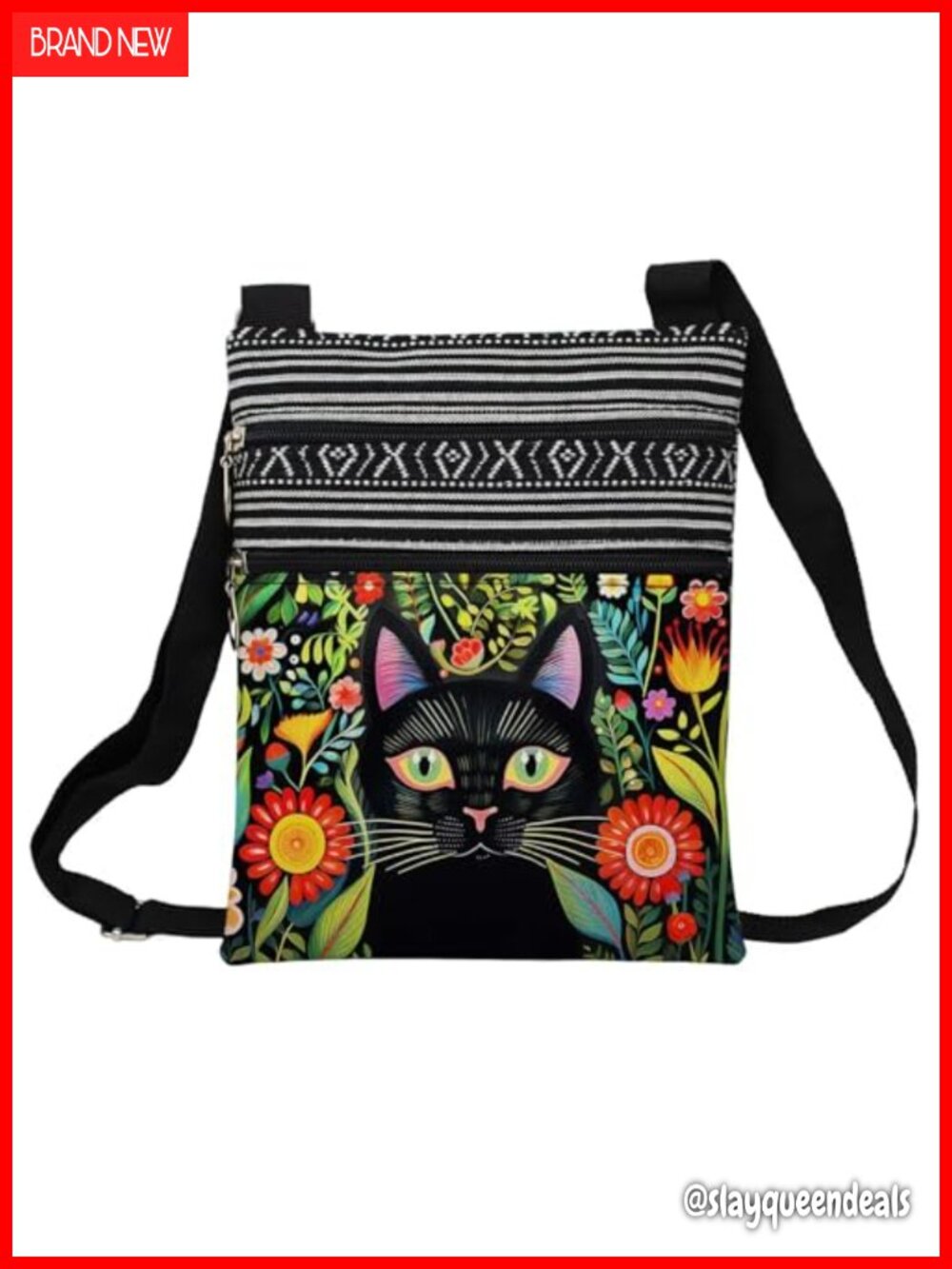 Ethnic Floral Cat Crossbody Bag Polyester Adjustable Strap Women